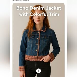 Liz Claiborne Blue Denim Jacket w/ Colorful Woven Trim – Size Large